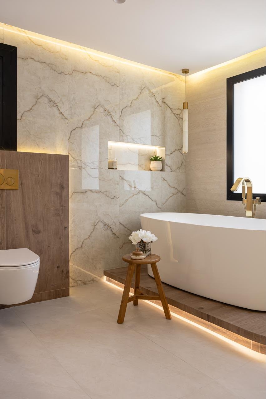 Completed master ensuite renovation in Dubai with book-matched marble walls, freestanding bath, LED-lit niche and brushed brass brassware